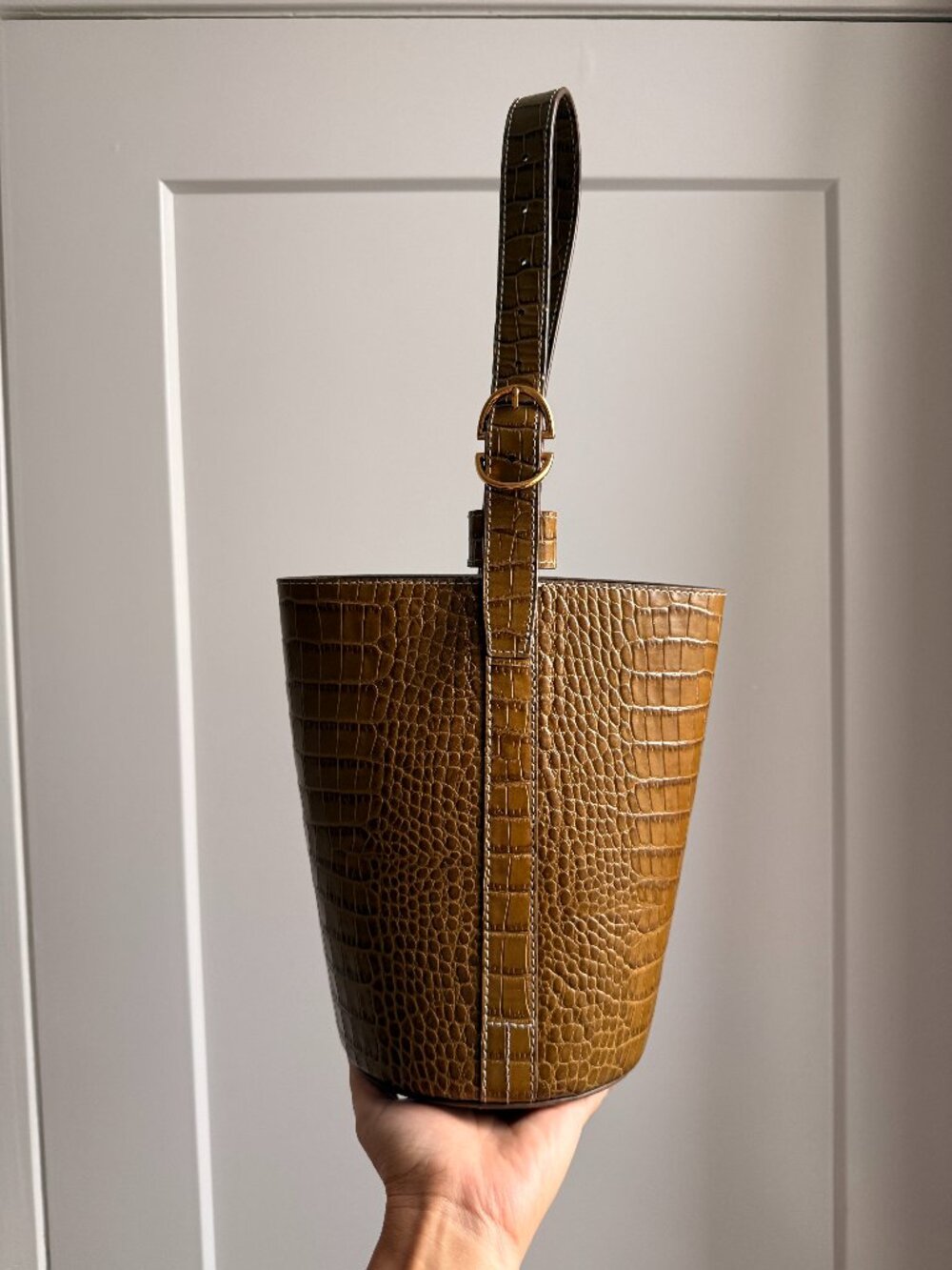 Trademark Olive Green / Chartreuse Croc-Embossed Leather Bucket Bag - Rare